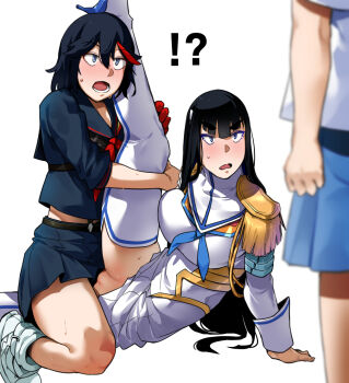 !? 3girls arm_support bakkanki black_hair black_serafuku black_shirt black_skirt blurry blurry_foreground clothed_sex depth_of_field dress epaulettes incest junketsu kill_la_kill kiryuuin_satsuki leg_lift long_hair looking_at_another mankanshoku_mako matoi_ryuuko miniskirt mixed-language_commentary multicolored_hair multiple_girls no_panties open_mouth pussy red_hair revision school_uniform senketsu serafuku shirt short_hair siblings simple_background sisters skirt streaked_hair surprised suspender_skirt suspenders sweat thighhighs tribadism two-tone_hair white_background white_dress white_footwear yuri