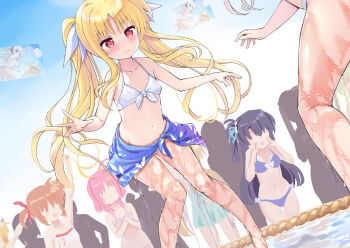 Rule 34 | 5girls, backlighting, bare arms, bare legs, bikini, blonde hair, blush, bow, bow bikini, breasts, character request, closed mouth, clothes around waist, collarbone, commentary request, day, dutch angle, fate testarossa, feet out of frame, fighting stance, floating hair, frown, hair ribbon, halterneck, hands up, long hair, lyrical nanoha, mahou shoujo lyrical nanoha, multiple girls, navel, outdoors, outstretched hand, red eyes, ribbon, scene reference, sidelocks, small breasts, solo focus, split mouth, standing, stomach, sweat, swimsuit, takamachi nanoha, tenjou ryuka, thighs, twintails, very long hair, wet, white bikini, white bow, white ribbon