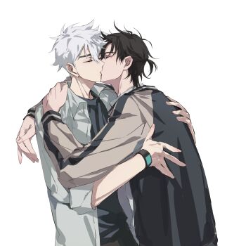 2boys absurdres antenna_hair black_hair black_jacket black_shirt cheng_xiaoshi closed_eyes collared_shirt commentary_request foooo_goo from_side grey_shirt hand_on_another's_shoulder highres hug jacket kiss long_sleeves lu_guang male_focus multicolored_jacket multiple_boys open_clothes pants ponytail profile shiguang_dailiren shirt short_hair short_ponytail simple_background sleeves_rolled_up spiked_hair standing undershirt watch white_background white_hair wristwatch yaoi yellow_jacket