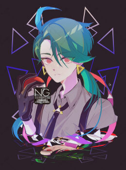 1girl ahoge black_gloves black_necktie closed_mouth collared_shirt commentary_request cropped_torso earrings gloves green_hair highres holding holding_poke_ball jewelry long_hair meme_(sleepsheep) necktie nintendo poke_ball poke_ball_(basic) pokemon pokemon_sv ponytail red_eyes reflection rika_(pokemon) shirt suspenders triangle triangle_earrings