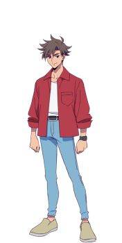1boy blue_pants brown_hair digimon digimon_beatbreak earrings full_body jacket jewelry male_focus official_art pants red_jacket shirt short_hair simple_background solo tenma_asuka transparent_background white_shirt