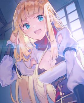 Rule 34 | 1girl, absurdres, blonde hair, blue eyes, bra, bra peek, braid, breasts, cleavage cutout, clothing cutout, commentary request, corset, dress, half up braid, hand in own hair, highres, indoors, large breasts, lens flare, long hair, long sleeves, official art, red corset, red scarf, rit (shin no nakama), scarf, second-party source, shin no nakama janai to yuusha no party wo oidasareta no de henkyou de slow life suru koto ni shimashita, solo, underwear, upper body, white dress, window, yasumo (kuusouorbital)