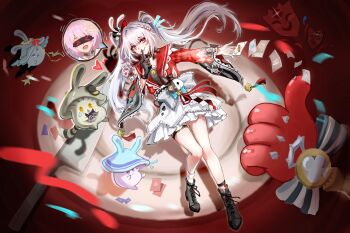 1girl black_boots black_choker black_gloves black_hat black_sleeves boots braid breasts card choker clothing_cutout collar covered_eyes finger_to_mouth frilled_skirt frills gloves hat hat_ornament head_only heart highres honkai:_star_rail honkai_(series) knife liangyeqiu long_hair looking_at_viewer lying march_7th_(honkai:_star_rail) mini_hat mini_top_hat multicolored_hair pink_eyes pink_hair plate rabbit_hat_ornament red_collar red_sleeves red_streaks shoulder_cutout shushing single_glove single_sock skirt smile socks solo sparkle_(honkai:_star_rail) sparxie_(honkai:_star_rail) speech_bubble streaked_hair thigh_strap top_hat twintails two-tone_sleeves white_hair white_skirt white_socks