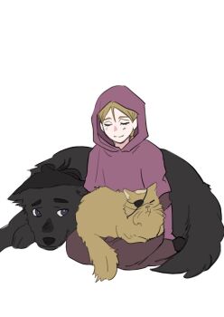1girl 2boys animalization badeni black_fur blonde_hair brown_robe capelet cat chi.:_chikyuu_no_undou_ni_tsuite closed_eyes dog eyepatch hood hood_up hooded_capelet jolenta kneeling light_blush multiple_boys oczy pink_capelet robe scar scar_on_face scar_on_mouth scar_on_nose sitting sitting_on_lap sitting_on_person smile tonsure white_background yellow_fur yuyuyuyriri