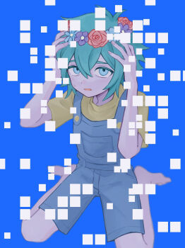 Rule 34 | 1boy, antenna hair, arms up, bare arms, bare legs, barefoot, basil (headspace) (omori), basil (omori), blue background, blue overalls, colored skin, commentary request, double-parted bangs, flower, flower wreath, from above, full body, green eyes, green hair, hair between eyes, hands on own head, head wreath, highres, looking at viewer, male focus, omori, overall shorts, overalls, parted lips, sebon (sebochin), shirt, short hair, short sleeves, sidelocks, simple background, sitting, solo, sweatdrop, t-shirt, wariza, white skin, yellow shirt