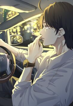 1boy aged_up ahoge alternate_universe black_hair car_interior cigarette collared_shirt driving highres hikigaya_hachiman holding holding_cigarette light_(lightpicture33) male_focus mirror shirt short_hair sleeves_rolled_up smoking solo steering_wheel toyota watch white_shirt wristwatch yahari_ore_no_seishun_lovecome_wa_machigatteiru.