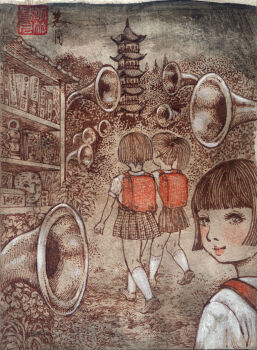 3girls backpack bag black_eyes black_hair black_shoes black_skirt blush book bookshelf bush flower fractal_underground_studio from_behind grass horn_(instrument) instrument kneehighs long_hair looking_at_viewer looking_back multiple_girls original picture_frame plaid_clothes plaid_skirt plant ponytail potted_plant puffy_sleeves randoseru school_uniform shirt shoes short_hair short_sleeves skirt sky smile socks tower traditional_media tree walking white_shirt white_socks