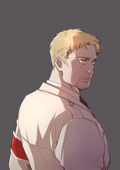 1boy armband beard black_necktie blonde_hair connected_beard facial_hair from_side grey_background halorane highres korean_commentary long_sleeves looking_to_the_side male_focus mature_male mustache necktie parted_lips red_armband reiner_braun shingeki_no_kyojin shirt short_hair simple_background solo tears tears_from_one_eye upper_body white_shirt