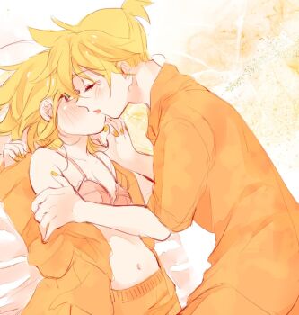 1boy 1girl ahoge bare_shoulders blush bra breasts closed_eyes dutch_angle french_kiss hand_on_another&#039;s_shoulder hetero interlocked_fingers kagamine_len kagamine_rin kiss lying midriff mimi_mine navel on_back on_bed open_clothes open_pajamas open_shirt orange_pajamas pajamas pink_bra ponytail short_hair short_ponytail small_breasts underwear undressing vocaloid yellow_nails