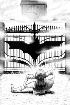 1girl bat_ornament beret braid china_dress chinese_clothes clock clock_tower dress fog gate greyscale hat hat_ornament highres hong_meiling koyubi_(littlefinger1988) long_hair monochrome pants scarlet_devil_mansion shoes sleeves_rolled_up solo squatting star_(symbol) star_hat_ornament touhou tower twin_braids