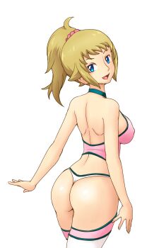 1girl absurdres ass back blue_eyes breasts brown_hair gundam gundam_build_fighters gundam_build_fighters_try highres hoshino_fumina large_breasts looking_at_viewer looking_back open_mouth ponytail sideboob smile solo standing thighhighs thighs thong tof