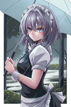 1girl apron back_bow black_dress blue_eyes bow braid breasts closed_mouth commentary_request dress grey_hair happy_ginko highres holding holding_umbrella izayoi_sakuya long_hair looking_at_viewer maid maid_headdress medium_breasts outdoors puffy_short_sleeves puffy_sleeves rain shirt short_sleeves sleeveless sleeveless_dress solo touhou tree twin_braids umbrella upper_body waist_apron white_apron white_bow white_shirt
