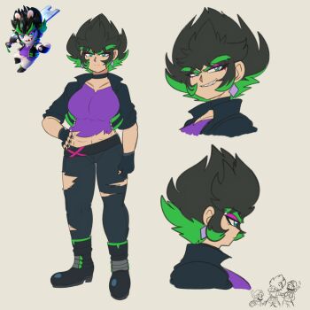 1girl absurdres black_hair blue_eyes choker edge_(mario_+_rabbids) full_body furry furry_female gloves green_hair highres holding humanization lueduar mario_(series) mario_+_rabbids_sparks_of_hope multicolored_hair nintendo personification raving_rabbids shirt torn_clothes white_gloves