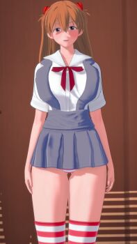 1girl 3d alternate_breast_size artist_request blue_eyes blush breasts brown_hair expressionless female_focus hair_bobbles hair_ornament highres hypnosis interface_headset_(evangelion) large_breasts long_hair looking_at_viewer mind_control miniskirt neon_genesis_evangelion panties school_uniform shiny_skin simple_background skirt solo souryuu_asuka_langley standing striped_clothes striped_panties striped_thighhighs suspender_skirt suspenders thighhighs tokyo-3_middle_school_uniform twintails underwear very_long_hair wide_hips
