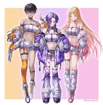 3girls bandaid bandaid_on_cheek bandaid_on_face bandaid_on_leg bare_shoulders black_hair blonde_hair blush breasts choker crop_top cross cross_earrings dark-skinned_female dark_skin double_v earrings fishnet_gloves fishnet_thighhighs fishnets forehead fur-trimmed_jacket fur_trim gloves gradient_hair gradient_thighhighs grey_jacket grey_pants grey_shirt grey_shoes grey_shorts hair_between_eyes hair_over_one_eye highres jacket jewelry long_hair long_sleeves medium_breasts midriff multicolored_hair multicolored_jacket multicolored_thighhighs multiple_girls navel open_mouth orange_jacket orange_thighhighs original pants pink_eyes pink_hair pink_nails purple_eyes purple_hair purple_thighhighs shirt shoes short_hair shorts simple_background single_thighhigh smile sneakers stomach stomach_tattoo tattoo thighhighs tongue tongue_out ulularts v white_background white_jacket white_shirt white_shoes white_shorts white_sleeves white_thighhighs yellow_eyes