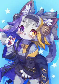 1girl animal_ear_fluff animal_ears animal_hands bell black_hairband blonde_hair bow bowtie cat_ears cat_girl cat_tail claws commentary cowboy_shot furry furry_female grey_fur grey_hair hair_ornament hairband heterochromia high_ponytail highres hukurou693 jingle_bell looking_at_viewer multicolored_hair ponytail purple_eyes purple_hair quantum_(housamo) skull_hair_ornament solo standing tail tokyo_houkago_summoners yellow_eyes