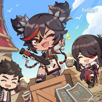 1boy 2girls absurdres barrel beidou_(genshin_impact) bird black_nails blue_sky boots braid breasts brown_hair chibi cleavage closed_eyes cloud commentary copyright_name crate crossed_bangs dark-skinned_female dark_skin day dot_nose earrings english_commentary eyepatch facial_hair fang fingerless_gloves genshin_impact gloves guitar hair_between_eyes high_heel_boots high_heels highres holding holding_guitar holding_instrument instrument jewelry long_hair looking_at_viewer medium_breasts medium_hair multicolored_hair multiple_girls multiple_rings nail_polish official_art open-toe_boots open_mouth outdoors pelvic_curtain ring sky smile standing streaked_hair tassel thigh_boots v-shaped_eyebrows very_long_hair vision_(genshin_impact) xinyan_(genshin_impact)