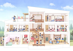 6+boys 6+girls bag black_hair blue_jacket blue_sailor_collar blue_shorts blue_skirt blue_sky brown_hair building card card_game changing_room commentary_request covering_privates cross-section eating grey_skirt hetero highres holding holding_card holding_towel hug jacket kiss kiyo_(kyokyo1220) multiple_boys multiple_girls mutual_hug nude_cover original peeking pervert pink_jacket pink_shirt pink_shorts playing_card pleated_skirt pornography sailor_collar same-sex_bathing school_uniform serafuku shared_bathing shirt short_sleeves shorts shoulder_bag sitting skirt sky stairs standing t-shirt towel undressing voyeurism watching_television white_shirt wrestling