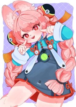 1girl animal_ear_fluff animal_ear_piercing animal_ears braid braided_twintails bright_pupils commentary_request furry furry_female green_shirt highres long_hair looking_at_viewer medallion pink_fur pink_hair purple_background rabbit_ears rabbit_girl razu_raichi red_eyes screw shirt short_eyebrows smile solo thick_eyebrows twin_braids white_pupils zenless_zone_zero zhao_(zenless_zone_zero)