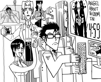 2others 3girls 4boys abstract absurdres ai-generated_art_(topic) akagi_ritsuko aoba_shigeru bb_(baalbuddy) beer_can can commentary cubism cup drink_can english_commentary english_text fuyutsuki_kouzou glasses grabbing_another&#039;s_breast greyscale groping highres hyuuga_makoto ibuki_maya ikari_gendou katsuragi_misato mole mole_under_eye monochrome mug multiple_boys multiple_girls multiple_others neon_genesis_evangelion nerv opaque_glasses parody penpen sachiel_(evangelion) sattou_(style) style_parody what yuri