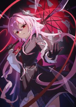 1boy chain cowboy_shot dress earrings evernight_(honkai:_star_rail) flower gloves hair_ornament hairclip hashtag-only_commentary highres holding holding_umbrella honkai:_star_rail honkai_(series) jewelry layered_dress march_7th_(honkai:_star_rail) nemui_jinrui parallel_hairclips pink_hair red_eyes ribbon single_earring smile umbrella