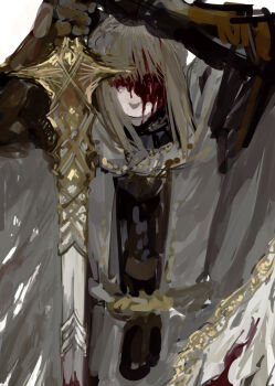 Rule 34 | 1girl, arm up, arms up, blood, blood on face, brown hair, closed mouth, commentary, elden ring, elden ring: shadow of the erdtree, expressionless, gauntlets, gbsaphira, grey hair, highres, holding, holding sword, holding weapon, medium hair, needle knight leda, simple background, solo, sword, weapon, white background