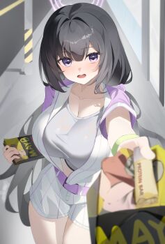 1girl absurdres baseball_cap baseball_jersey black_hair blue_archive blush breasts commentary_request hair_ornament halo hat highres jersey k_cyp large_breasts long_hair low_twintails official_alternate_costume pov purple_eyes purple_halo shirt short_sleeves shorts sumire_(blue_archive) sumire_(part-time)_(blue_archive) twintails white_shirt