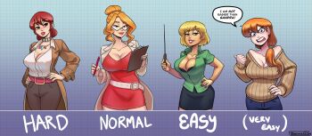 4girls belt black_bra blonde_hair blue_pants bra breasts brown_jacket brown_pants brown_sweater chart cleavage clipboard closed_mouth collar commentary commission dress english_commentary english_text glasses green_eyes green_shirt grid_background hair_between_eyes hair_bun hair_tie hands_on_own_hips highres holding holding_clipboard holding_pen holding_pointer jacket jerk_douglas large_breasts lipstick long_hair looking_at_viewer makeup medium_hair multiple_girls nail_polish office_lady open_mouth orange_hair original pants partially_unbuttoned pen pointer pointing_a ponytail purple_eyes red_dress red_eyes shirt short_hair smile speech_bubble sweater triangular_eyewear underwear white_shirt