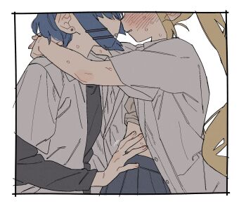 2girls black_border blonde_hair blue_hair bocchi_the_rock! border dayama hand_under_clothes hand_under_shirt highres ijichi_nijika multiple_girls shirt short_hair side_ponytail simple_background sweat white_background yamada_ryo yuri