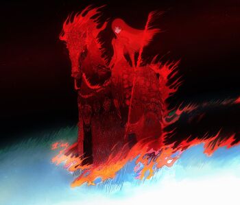1girl armor black_background closed_mouth commentary dress fantasy fire grass highres holding holding_staff horse horseback_riding jewelry long_hair looking_at_viewer mon_(monmon2133) original red_dress red_eyes red_fire red_hair red_theme riding scales sitting solo staff wind