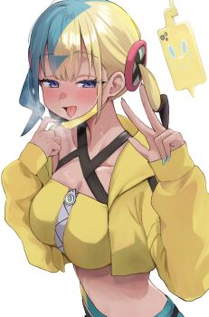 1girl absurdres aqua_hair black_mask blonde_hair blue_eyes blush breasts canari_(pokemon) cropped_jacket dark-skinned_female dark_skin gen_4_pokemon highres jacket k0k0me large_breasts long_hair looking_at_viewer mask mask_pull midriff mouth_mask multicolored_hair navel nintendo open_mouth pokemon pokemon_(creature) pokemon_legends:_z-a rotom rotom_phone short_twintails simple_background smile solo split-color_hair sports_bra tongue tongue_out twintails v white_background yellow_jacket