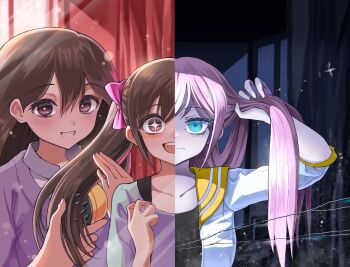 +_+ 2girls age_comparison aged_down alternate_costume aubrey_(faraway)_(omori) aubrey_(omori) before_and_after black_eyes black_hair blue_eyes blue_shirt blush bow bright_pupils closed_mouth commentary_request double-parted_bangs grin hair_between_eyes hair_bow highres jacket long_hair mari_(faraway)_(omori) mari_(omori) multiple_girls omori open_clothes open_jacket open_mouth pink_bow pink_hair shirt short-sleeved_jacket short_sleeves smile teeth tsuno_(ikkakusu) twintails upper_teeth_only white_jacket white_pupils