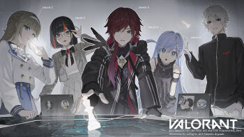 2boys 3girls :o adjusting_eyewear black_coat black_dress black_hair black_jacket blonde_hair blue_eyes blue_hair blue_skirt bone_hair_ornament chain chain_necklace chess_piece choya_hanabi choya_hanabi_(2nd_costume) coat dress fingerless_gloves glasses gloves green_eyes hair_ornament hairband hanabusa_lisa hanabusa_lisa_(5th_costume) highres holographic_interface jacket jewelry kuzuha_(1st_costume)_(nijisanji) kuzuha_(nijisanji) lauren_iroas lauren_iroas_(1st_costume) leaning_forward lock long_hair map multicolored_hair multiple_boys multiple_girls necklace nekoreito nijisanji outline padlock red_eyes red_hair shirt short_hair skirt strap_slip streaked_hair tablet_pc track_jacket two_side_up valorant very_long_hair virtual_youtuber vspo! white_hair white_hairband white_outline white_shirt yano_kuromu yano_kuromu_(1st_costume) yellow_eyes