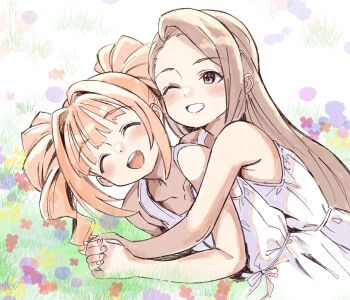 2girls anjerain bare_shoulders blush brown_hair closed_eyes dress highres hug hug_from_behind idolmaster idolmaster_(classic) long_hair minase_iori multiple_girls one_eye_closed orange_hair pink_eyes smile takatsuki_yayoi twintails white_dress