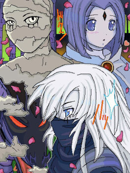 1boy 1girl bindi blue_eyes cartoon_network cloak dc_comics dragon dual_persona half_mask long_hair malchior mask paper petals purple_eyes purple_hair raven_(dc) teen_titans white_eyes white_hair