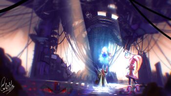 1boy 1girl armor ciel_(mega_man) copy_x_(mega_man) euphythefox forehead_jewel high_ponytail highres kneeling long_hair mega_man_(series) mega_man_zero_(series) mega_man_zero_1 pink_shirt pink_skirt ponytail red_armor restrained shirt skirt standing wide_shot zero(z)_(mega_man) zero_(mega_man)