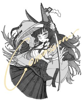 1girl animal_ear_fluff animal_ears arm_out_of_sleeve black_gloves black_hair black_necktie black_skirt commentary commission fighting_stance fingerless_gloves fox_ears fox_girl gloves greyscale hand_to_blade haruchan high-waist_skirt highres holding holding_sword holding_weapon hoshimi_miyabi jacket katana long_hair looking_at_viewer monochrome necktie open_mouth shirt shirt_tucked_in simple_background single_fingerless_glove single_glove skirt solo sword unfinished weapon white_background white_shirt wristband zenless_zone_zero