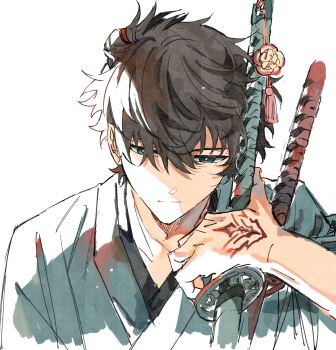 1boy black_hair blue_eyes blue_kimono command_spell fate/samurai_remnant fate_(series) highres japanese_clothes katana kimono looking_down miyamoto_iori_(fate) sheath sheathed simple_background solo sword topknot toramaru_(696anna) weapon white_background