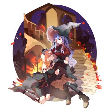 2girls absurdres artist_request ascot bang_dream! bang_dream!_it&#039;s_mygo!!!!! black_ascot black_boots black_corset black_dress black_hat black_pantyhose black_shorts black_skirt blue_hair boots chinese_commentary clothing_cutout commentary_request commission corset doloris_(bang_dream!) dress fire garter_straps gloves grey_gloves grey_socks hand_on_another&#039;s_chin hand_on_another&#039;s_head hat highres kneehighs long_hair long_sleeves misumi_uika multiple_girls oblivionis_(bang_dream!) pantyhose red_shirt second-party_source shirt shorts shoulder_cutout sidelocks skirt socks stairs togawa_sakiko witch_hat yuri