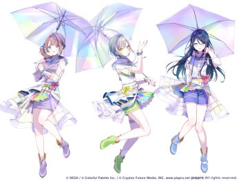 3girls barefoot black_hair blue_eyes brown_hair green_eyes grey_hair hand_up highres holding holding_umbrella long_hair misumi_(macaroni) multiple_girls official_art project_sekai short_hair side_ponytail simple_background transparent transparent_umbrella umbrella white_background