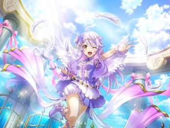 1girl ahoge angel_wings boots center_frills day dress fake_wings falling_feathers feathers frills game_cg hair_ornament long_hair looking_at_viewer official_art one_eye_closed open_mouth otonashi_ichie pillar purple_boots purple_dress purple_hair short_sleeves shorts shorts_under_dress shoujo_kageki_revue_starlight shoujo_kageki_revue_starlight_-re_live- solo white_feathers white_shorts wings yellow_eyes