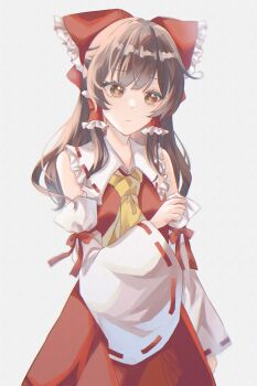 Rule 34 | 1girl, absurdres, ascot, bow, brown eyes, brown hair, carin (c arin1012), closed mouth, commentary request, detached sleeves, frilled bow, frilled hair tubes, frills, hair bow, hair tubes, hakurei reimu, highres, long hair, red bow, red skirt, ribbon-trimmed sleeves, ribbon trim, skirt, skirt set, solo, touhou, yellow ascot