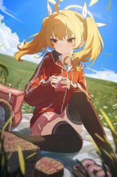 1girl absurdres black_thighhighs blue_archive blurry chiyo_akira closed_mouth commentary_request depth_of_field donut drink_carton food grass halo highres holding holding_milk_carton jacket knee_up long_hair looking_to_the_side milk_carton miniskirt outdoors picnic picnic_basket pink_bag pink_skirt pleated_skirt red_jacket sandwich sitting skirt solo thighhighs twintails yellow_halo yoshimi_(blue_archive)