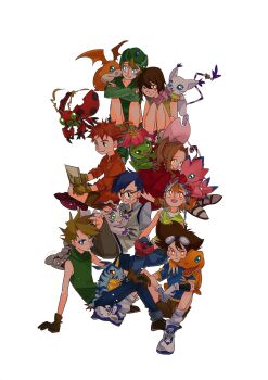 3girls 5boys agumon blue_eyes blue_hair brown_gloves brown_hair child closed_mouth crossed_legs dated_commentary digimon digimon_(creature) digimon_adventure dress full_body gabumon glasses gloves gomamon green_hat hair_between_eyes hat highres ishida_yamato izumi_koshiro kido_jo kneehighs looking_at_viewer multiple_boys multiple_girls neckerchief on_head orange_shirt palmon patamon pink_neckerchief piyomon ponytail shirt short_hair short_sleeves shorts sidelocks simple_background sitting sleeveless sleeveless_turtleneck smile socks spiked_hair tachikawa_mimi tailmon takaishi_takeru takenouchi_sora tentomon turtleneck watch white_background white_gloves yagami_hikari yagami_taichi yuzikoz_mega