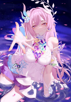 Rule 34 | 1girl, absurdres, aoi (buzhuen444), arm support, armlet, bare shoulders, blue flower, breasts, closed mouth, commentary request, cyrene (honkai: star rail), cyrene (ripples of past reverie) (honkai: star rail), diamond-shaped pupils, diamond (shape), dress, earrings, fingernails, flower, hair flower, hair intakes, hair ornament, highres, honkai: star rail, honkai (series), jewelry, large breasts, long hair, looking at viewer, offering hand, partial commentary, pink hair, pink petals, pointy ears, sitting, smile, solo, symbol-shaped pupils, very long hair, wet, white dress