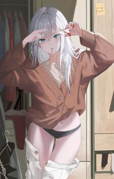 1girl absurdres black_panties blue_eyes brown_jacket clothes_hanger commentary_request cutting_hair cutting_own_hair grey_hair grey_nails grey_pants grey_shirt hair_between_eyes highres holding holding_scissors jacket jenmin12 long_hair long_sleeves looking_at_viewer mouth_hold original panties pants scissors shade shirt solo standing sweat underwear wardrobe