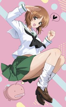 1girl absurdres anglerfish black_neckerchief blouse brown_eyes brown_hair brown_shoes commentary emblem fish floating full_body girls_und_panzer green_skirt heart highres knees_up loafers long_sleeves looking_at_viewer loose_socks midriff_peek miniskirt neckerchief nishizumi_miho ooarai_school_uniform open_mouth pink_background pleated_skirt sailor_collar salute school_uniform serafuku shirt shoes short_hair skirt smile socks solo spoken_heart white_sailor_collar white_shirt white_socks zaofeng