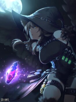 1girl aura_venefika black_dress black_hat bottle braid breasts brown_hair claws copyright_name dairoku_ryouhei dress feathered_wings full_body full_moon harpy hat hetza_(hellshock) large_breasts long_hair looking_at_viewer magic monster_girl moon night outdoors parted_lips potion pouch sleeveless sleeveless_dress solo test_tube thigh_strap twin_braids winged_arms wings witch_hat yellow_eyes