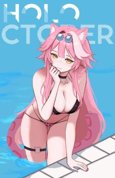 1girl absurdres animal_ears animal_print artist_name bare_shoulders bikini black_bikini black_choker blue_background blush bow_necklace breasts cat_o-ring choker cleavage closed_mouth commentary english_commentary eyewear_on_head fingernails hair_intakes highres hololive hololive_english jewelry large_breasts leopard_print leopard_print_bikini long_hair multicolored_hair nail_polish navel necklace o-ring o-ring_thigh_strap panther_ears panther_girl panther_tail pink_bikini pink_hair pink_nails pink_tail poolside print_bikini raora_panthera smile solo stomach streaked_hair swimsuit tail thigh_strap thighs two-tone_hair virtual_youtuber wabiwasabi wading water yellow_eyes