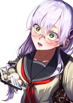 1girl absurdres bag black_sailor_collar blush breasts cellphone cellphone_photo collarbone glasses green_eyes grey_hair hair_between_eyes hair_ornament hairclip heaven_burns_red highres holding holding_phone izumi_yuki_(heaven_burns_red) kayamori_ruka kisaragi_yayoi_(ksrg_yayoi) long_hair long_sleeves neckerchief open_mouth phone red_neckerchief ribbon rimless_eyewear round_eyewear sailor_collar school_bag school_uniform serafuku simple_background smartphone solo upper_body white_background white_hair